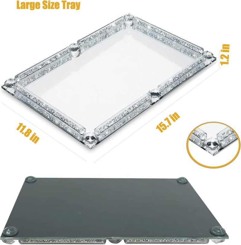 LFGKeng Large Crystal Tray, Glass Mirror Modern Jewelry Trinket Trays with Crushed Diamond, 15.7" x 11.8" Rectangular Makeup Perfume Tray for Bathroom Bedroom, Home Decor, Hotel Banquet, Party (Silver C) - Image 2